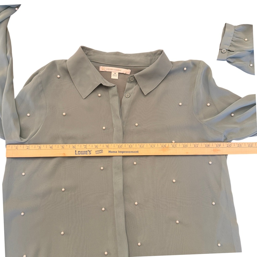 LC Lauren Conrad Sage Green Pearl Embellished Sheer Chiffon Blouse Womens Medium - Picture 7 of 11